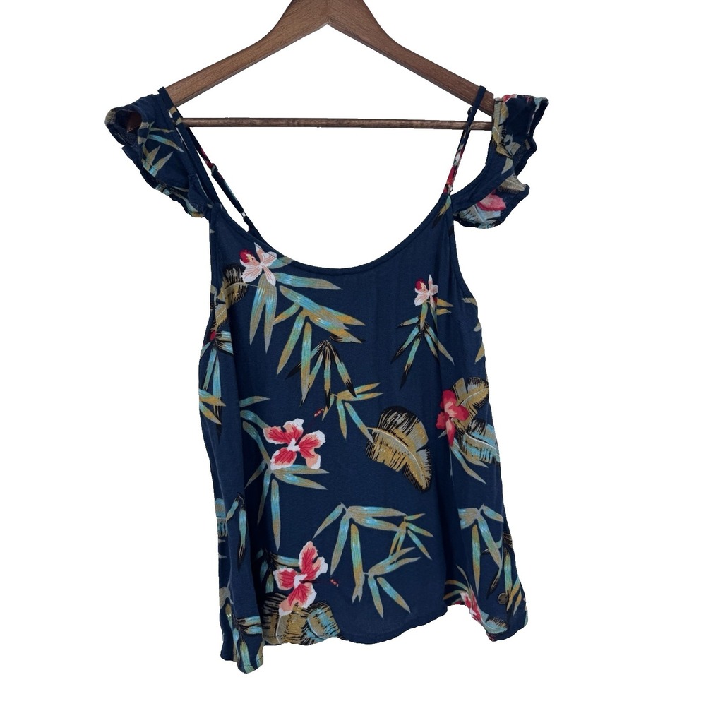 Roxy S Tank Top Floral Blue tropical beachy resort vacation ruffle sleeve hawaii